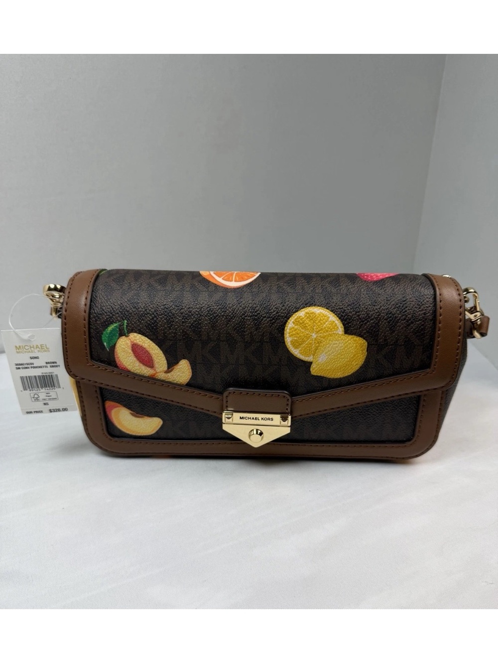 Michael Kors Soho Women Small Printed MK Logo Crossbody Bag Brown Fruits New Nwt